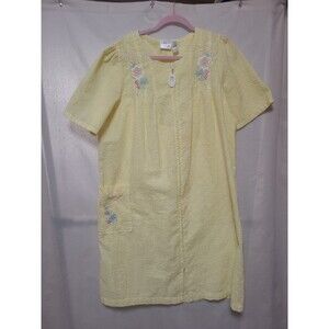 Coffee Time Robe Womens Sz M Seersucker Housecoat Yellow White Stripe Housecoat